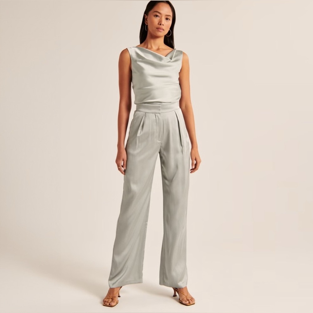Abercrombie & Fitch satin tailored wide leg pant in sage green
